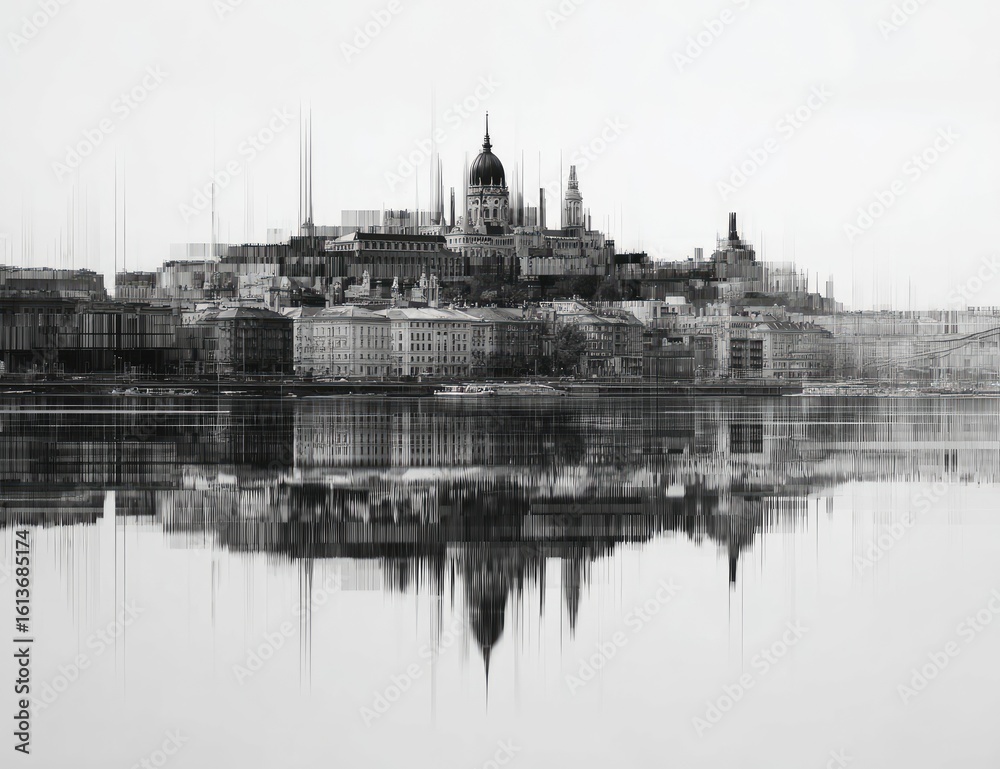 Fototapeta premium Black and white cityscape reflected on a calm river