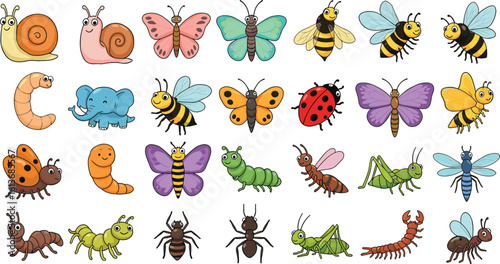 Cute cartoon insects, colorful bugs, snails, butterflies, bees, ants, caterpillars, dragonflies, worms, ladybugs, funny animal icons, educational design