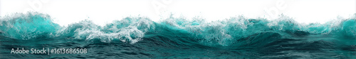 A close-up of turquoise ocean waves crashing with detailed water textures, isolated on a pure white background.