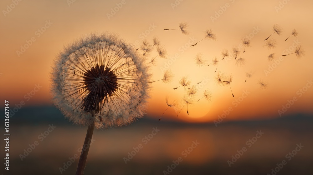 Naklejka premium Dandelion seedhead at sunset