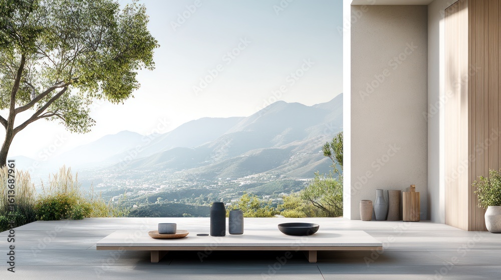 Fototapeta premium Serene patio overlooking majestic mountains. Minimalist design with natural elements