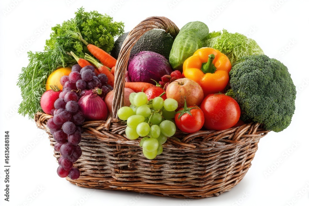 Rustic wicker basket overflowing with vibrant fresh vegetables and fruit; healthy, wholesome, farm-fresh produce. Rustic wicker basket overflowing with vibrant fresh vegetables and fruit; healthy, wholesome, farm-fresh produce.