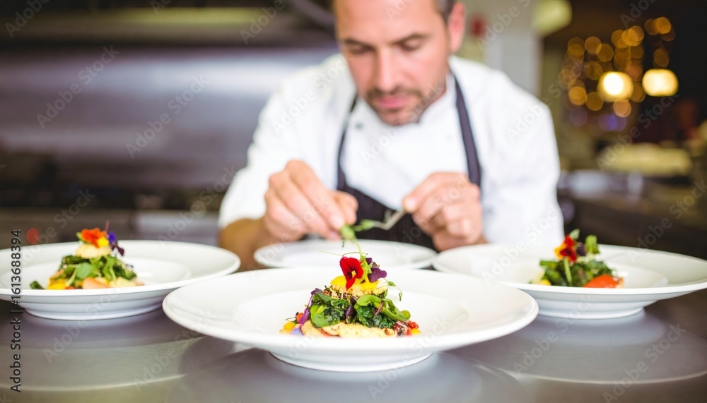 A chef carefully garnishes gourmet dishes with edible flowers and microgreens in a professional kitchen setting. A chef carefully garnishes gourmet dishes with edible flowers and microgreens in a professional kitchen setting.