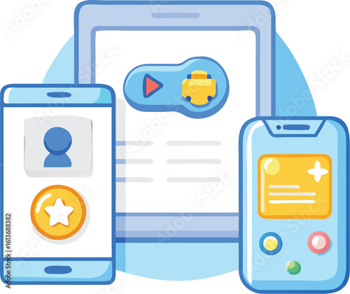 Digital devices showcasing gaming profile tablet mobile user interface design for app or website developers presentation of development process