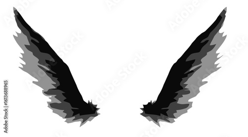 Elegant pair of black and grey feathered wings. Stylized graphic illustration for fantasy, angelic, or demonic themes. IMAGES (76).