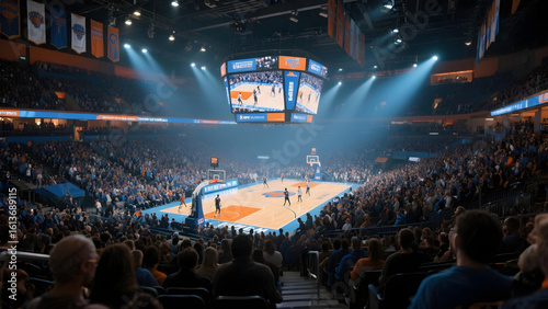 Wide-angle view of an NBA game from the audience stands in the stadium.
