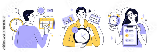 Project management set. Characters using scheduling tools to manage, prioritize, delegate tasks. Business and organization concept. Vector illustration.