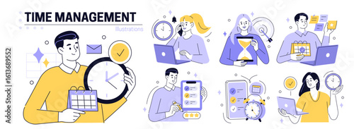 Time management set. Characters using scheduling tools to manage, prioritize, delegate tasks. Business and organization concept. Vector illustration.