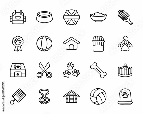 Collection of dog related icons in outline style on white background
