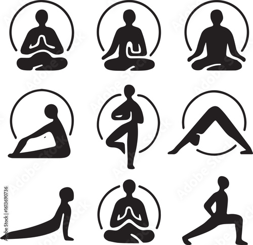 Yoga Poses Practice, Meditation and Flexibility, Indoor Studio, Graphic Illustration, Calm Atmosphere, Top-Down View, Wellness Concept