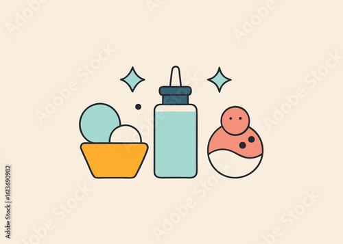 Cute Cartoon Illustration of Cosmetic Products and Accessories in Pastel Colors for Skincare and Beauty Routine