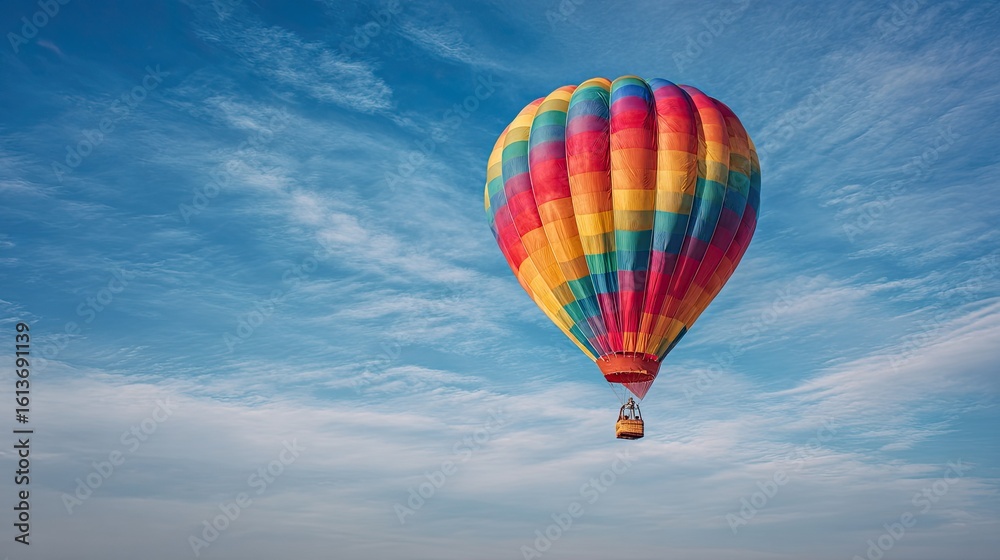 Fototapeta premium Colorful hot air balloon floats in a partly cloudy sky