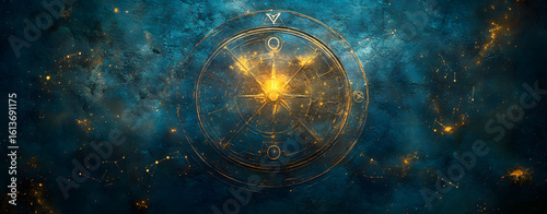 Vintage astrology background with a luminous golden zodiac symbol. Esoteric sigil glowing in a deep blue cosmic nebula.