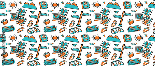 Global Summer Travel Doodle Seamless Pattern - Vacation Essentials & Landmarks