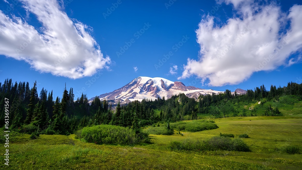 Obraz premium Majestic snow capped mountain peak surrounded by lush green forest and dramatic clouds