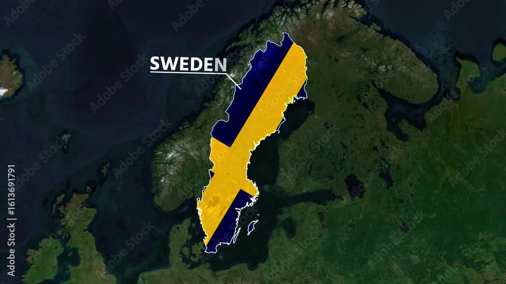 Zoom from Earth to Sweden. (Country Flag) World map animation with highlighted country borders. Satellite 3d world map animation highlights aerial views, tourism, and travel. 4k