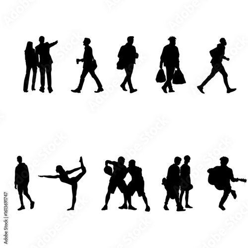 Set of 10 people silhouettes — walking, sitting, dancing, and posing. People in various poses, including sitting, leaning, walking, running, and engaging.