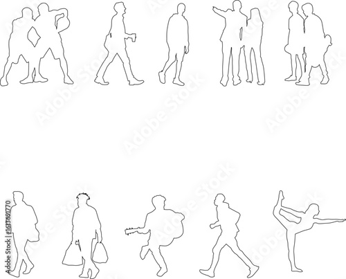 Linear silhouettes of seated people, designed for use in architectural plans, sections, and layouts.	
