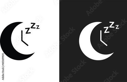 Sleep Time Icon – Crescent Moon with Clock and “Z” Symbol for Night Mode UI, Sleep Apps, and Circadian Rhythm Visuals