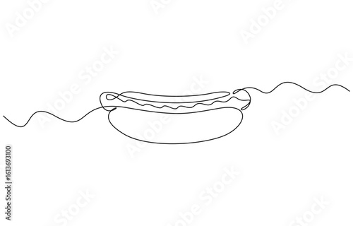 Continuous one line drawing of delicious hot dog fast food minimal style vector illustration. Editable outline
