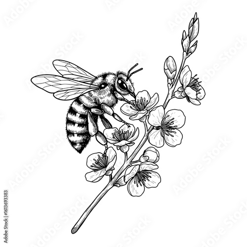 Bee collecting nectar from flowering branch in black and white  