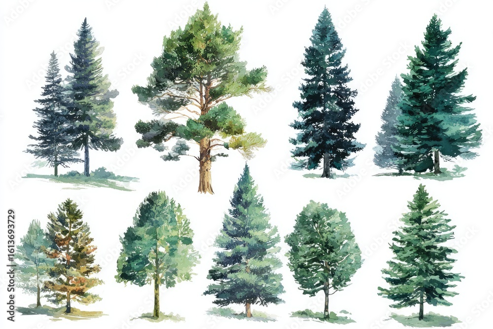 Obraz premium Watercolor illustration of various coniferous trees
