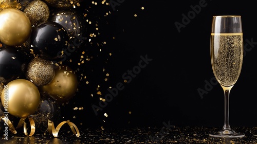 A champagne glasses with golden confetti around and black and golden balloons on black background as an elegant design for a party 