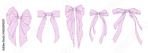 Set of large pink coquette bows with long tails made of textile satin and silk ribbons. Hand-drawn illustration in line art graphic. For women, girls, holidays, decoration, accessories and gifts.