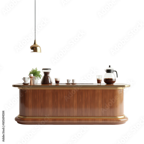 Wooden bar counter with coffee accessories.