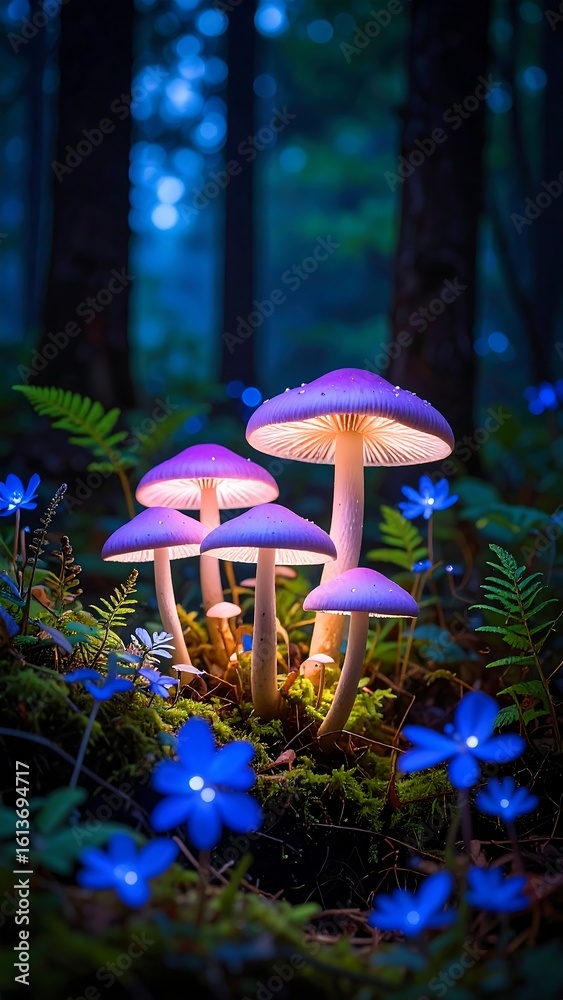 Fototapeta premium Illuminated mushrooms in a mystical forest (4)