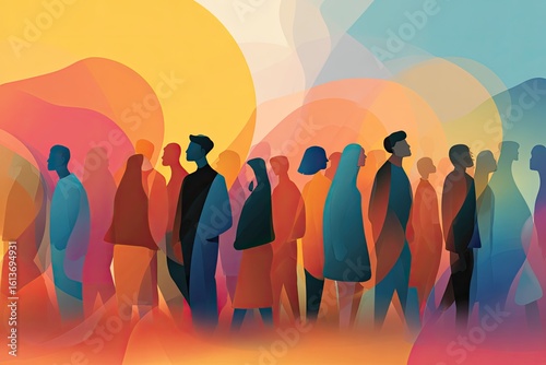 A vibrant, abstract crowd of people walking