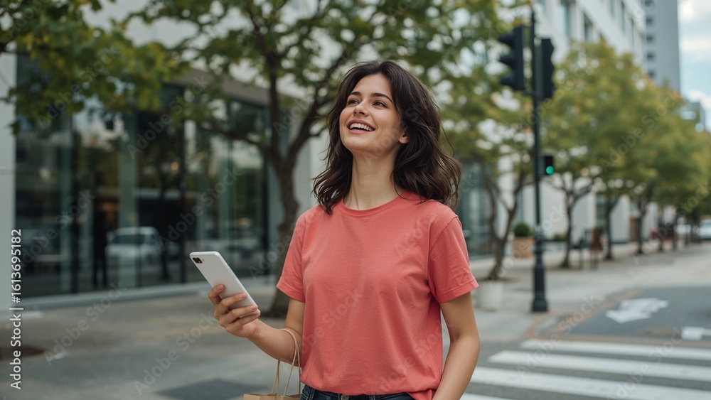 Fototapeta premium Smiling woman with phone crosses the street feeling optimistic in an urban setting