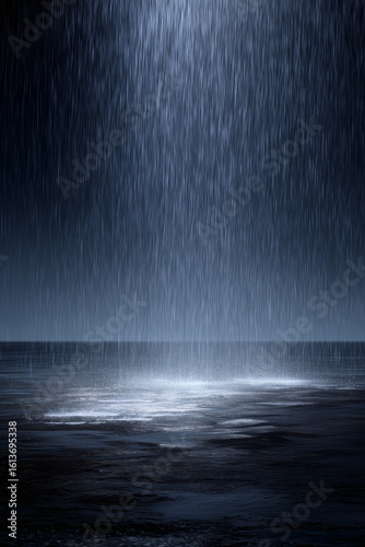 Heavy rainfall over still water. Gloomy.