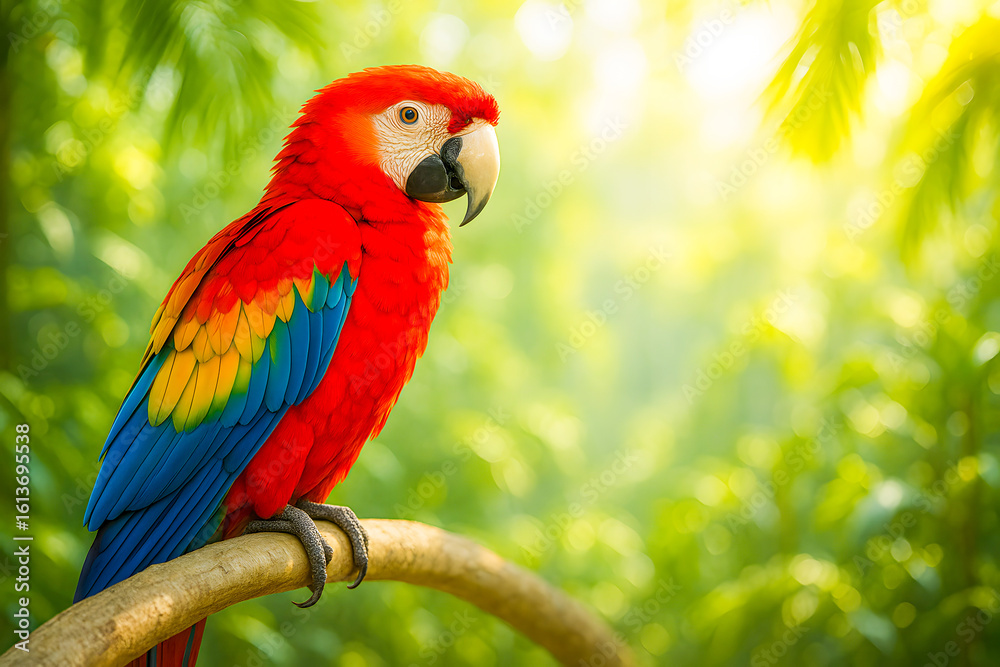 Fototapeta premium Stunning High-Resolution Photo of a Vibrant Scarlet Macaw Perched on a Branch in a Lush Tropical Jungle – Brilliant Red, Blue, and Yellow Feathers Radiate in Soft Sunlight Amid Dense Green Foliage