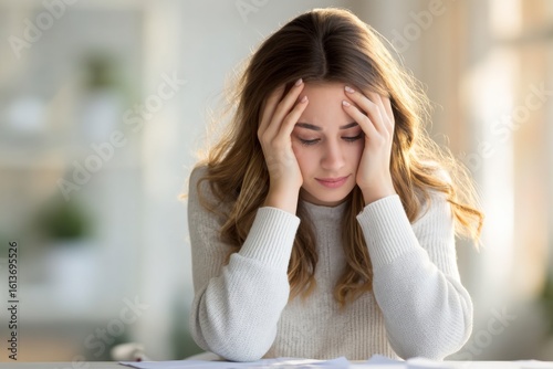 A young woman with long hair looks stressed, holding her head in both hands while sitting indoors.