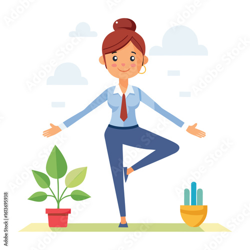 Corporate woman practicing yoga before work, morning office workout, healthy lifestyle, stress relief exercise, business wellness routine, female professional fitness vector illustration.