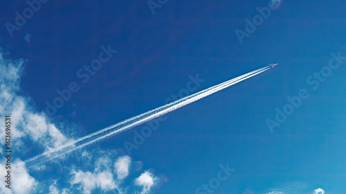 Airplane contrails across a vibrant blue sky, fluffy clouds below