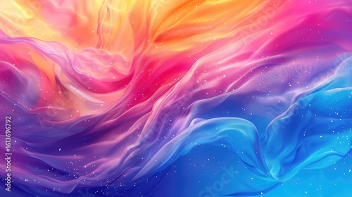 Vibrant, flowing fabric in hues of pink, orange, yellow, and blue, interspersed with sparkling particles, creating a dreamy, ethereal effect