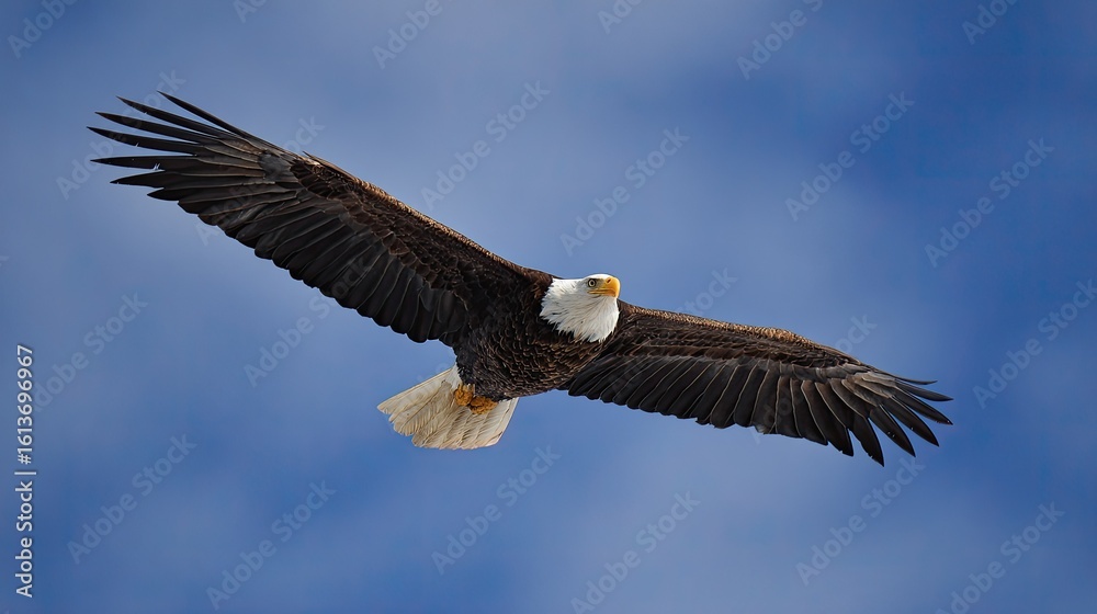 Naklejka premium Majestic bald eagle soaring in vibrant blue sky (1)