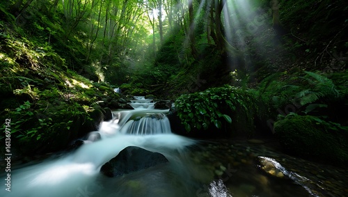 Sunlight streams through lush green forest onto a cascading waterfall