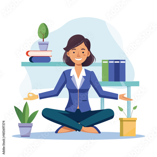 Corporate woman practicing yoga before work, morning office workout, healthy lifestyle, stress relief exercise, business wellness routine, female professional fitness vector illustration.