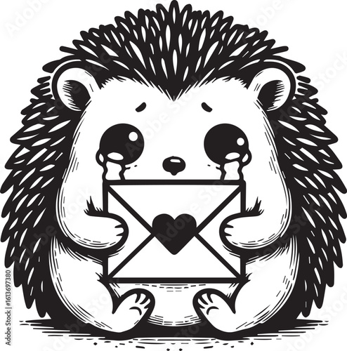 Heartbroken hedgehog sadly reads love letter with tears falling, expressing sadness and loneliness