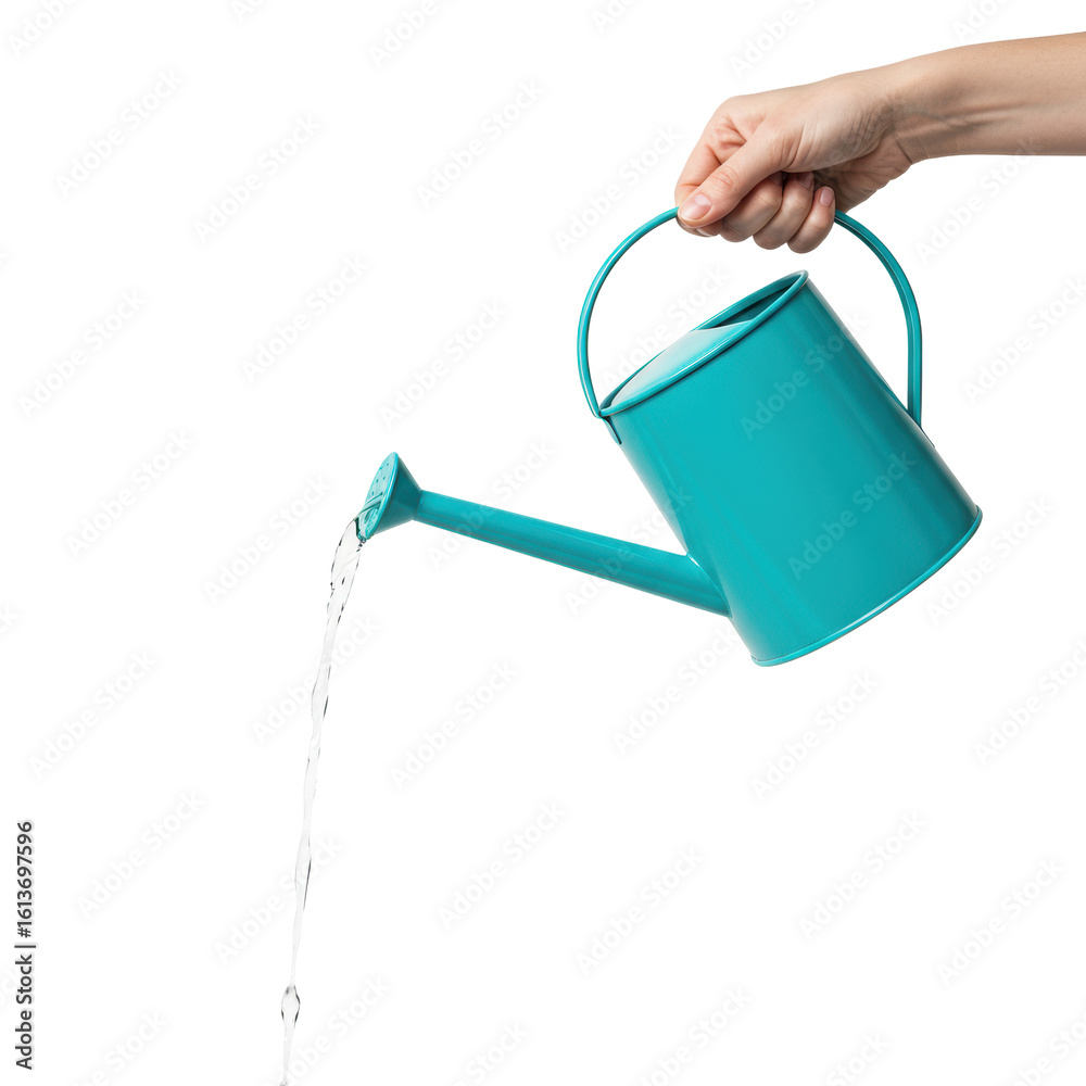 Obraz premium An adult hand with neutral skin tone precisely pouring clear water from a vibrant teal metal watering can with a slender spout onto a pristine transparent background with copy space, studio shot,