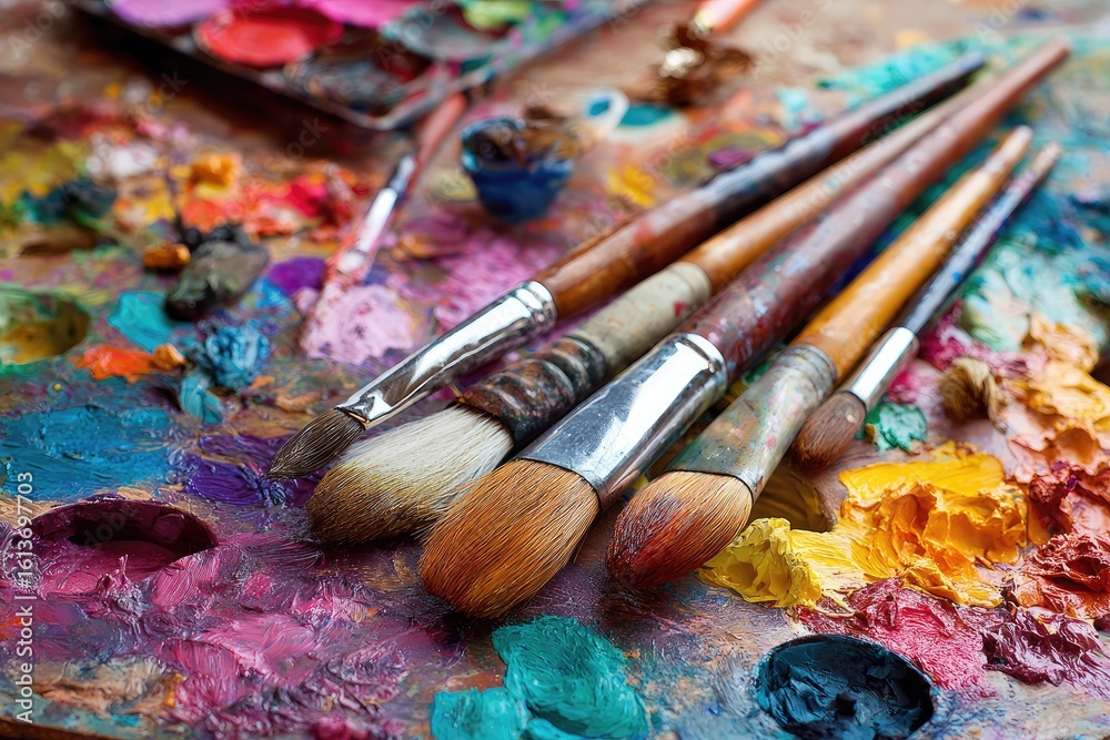 Fototapeta premium Artist's paint brushes and palette
