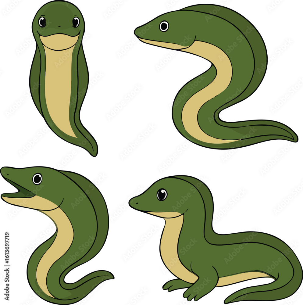 Naklejka premium Cartoon Green Eel Characters – Cute and Funny Sea Creatures