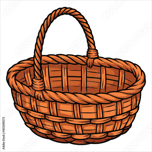 Straw wood empty brown basket, handmade home decor element. Perfect container for fruit vegetables farm bakery picnic and Eastern style settings.