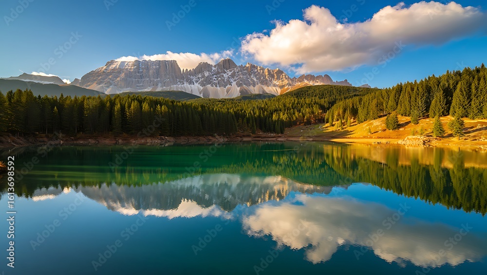 Obraz premium Majestic mountain range reflected in a serene alpine lake on a sunny day