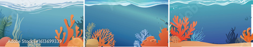 Colorful underwater flora vector with detailed blue and orange seaweed, creating a lively marine scene suitable for eco projects, educational materials, or aquatic branding.
