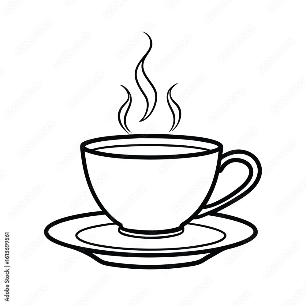 Fototapeta premium Elegant line art illustration of a teacup with a saucer and wisps of steam