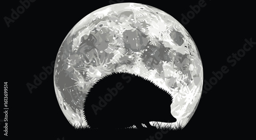 Silhouette of hedgehog under full moon, nocturnal wildlife, animal in night scene, grass field, lunar background, nature, dark sky design